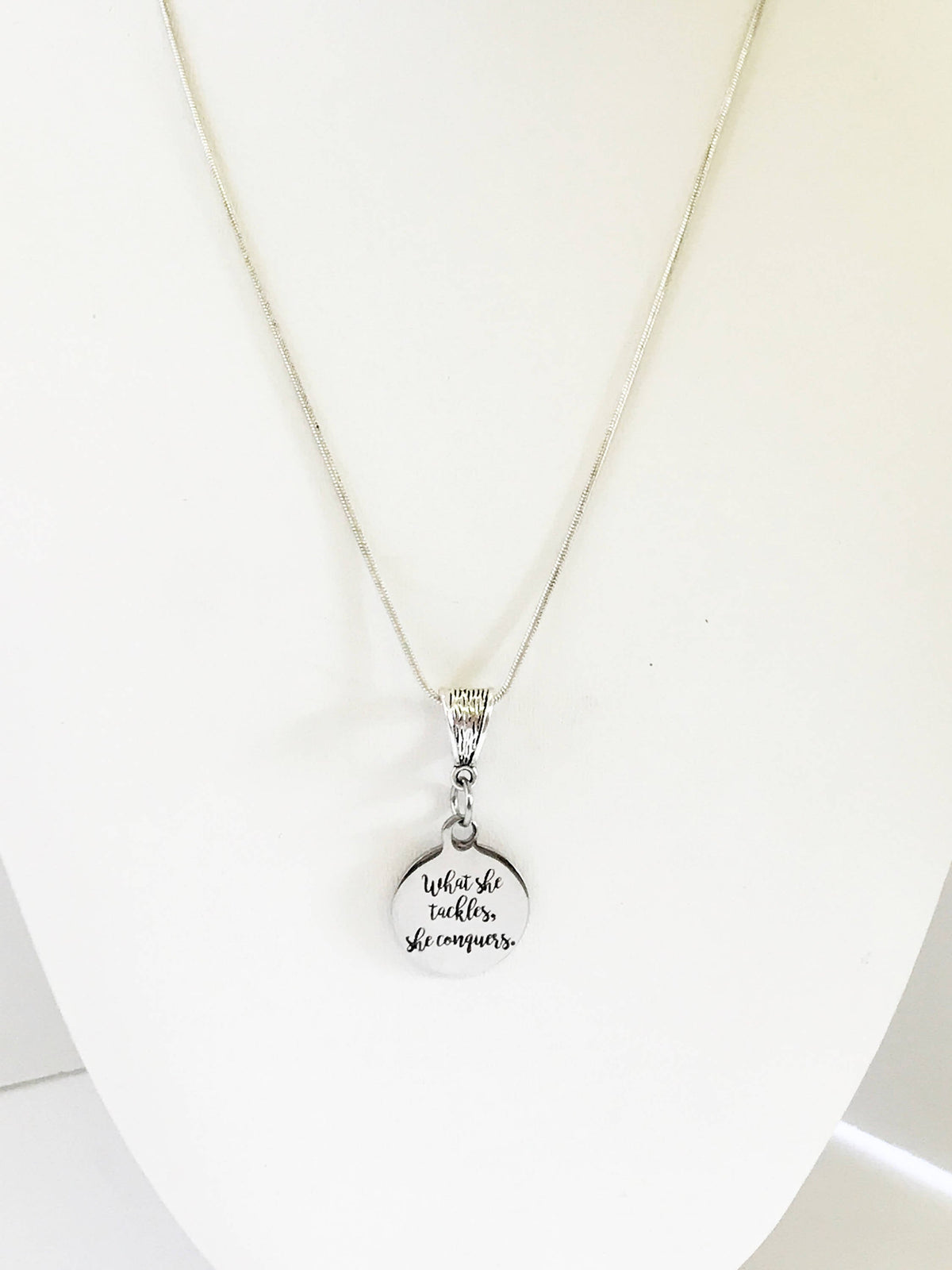 What She Tackles She Conquers Pendant Silver Necklace, Achievement Award Necklace, DS Team Gifts, Motivational Direct Sales Gift For Her
