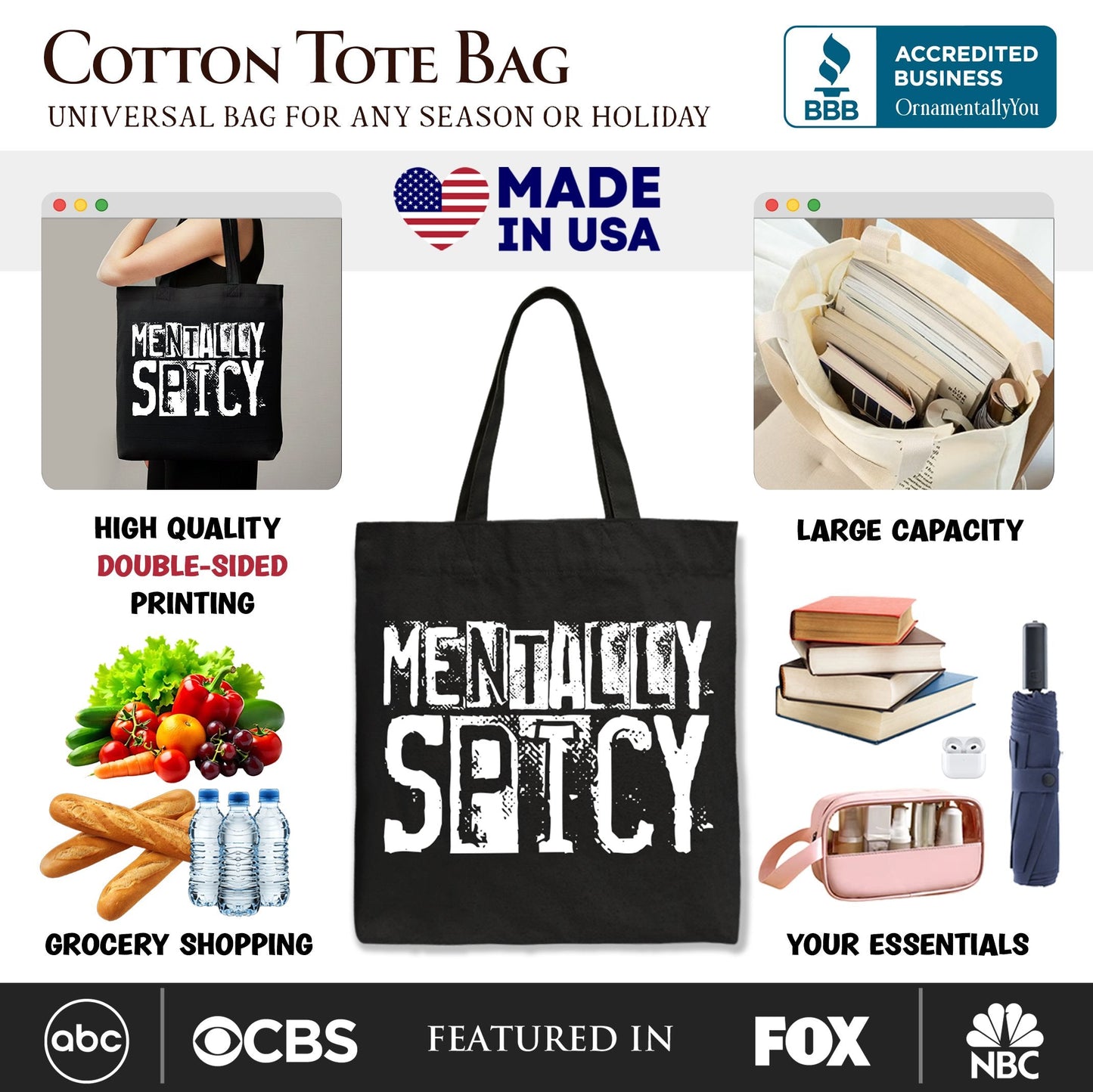 Mentally Spicy Snarky Tote Bag, Sarcastic Funny Quote Health Gift Shopper