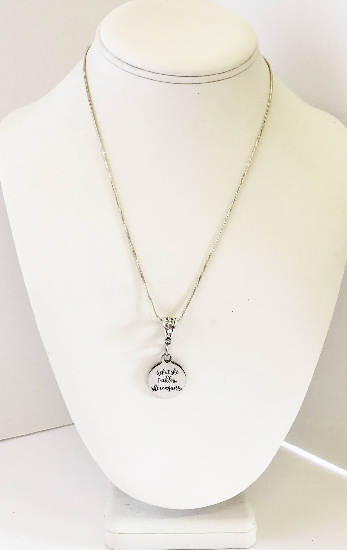 What She Tackles She Conquers Pendant Silver Necklace, Achievement Award Necklace, DS Team Gifts, Motivational Direct Sales Gift For Her