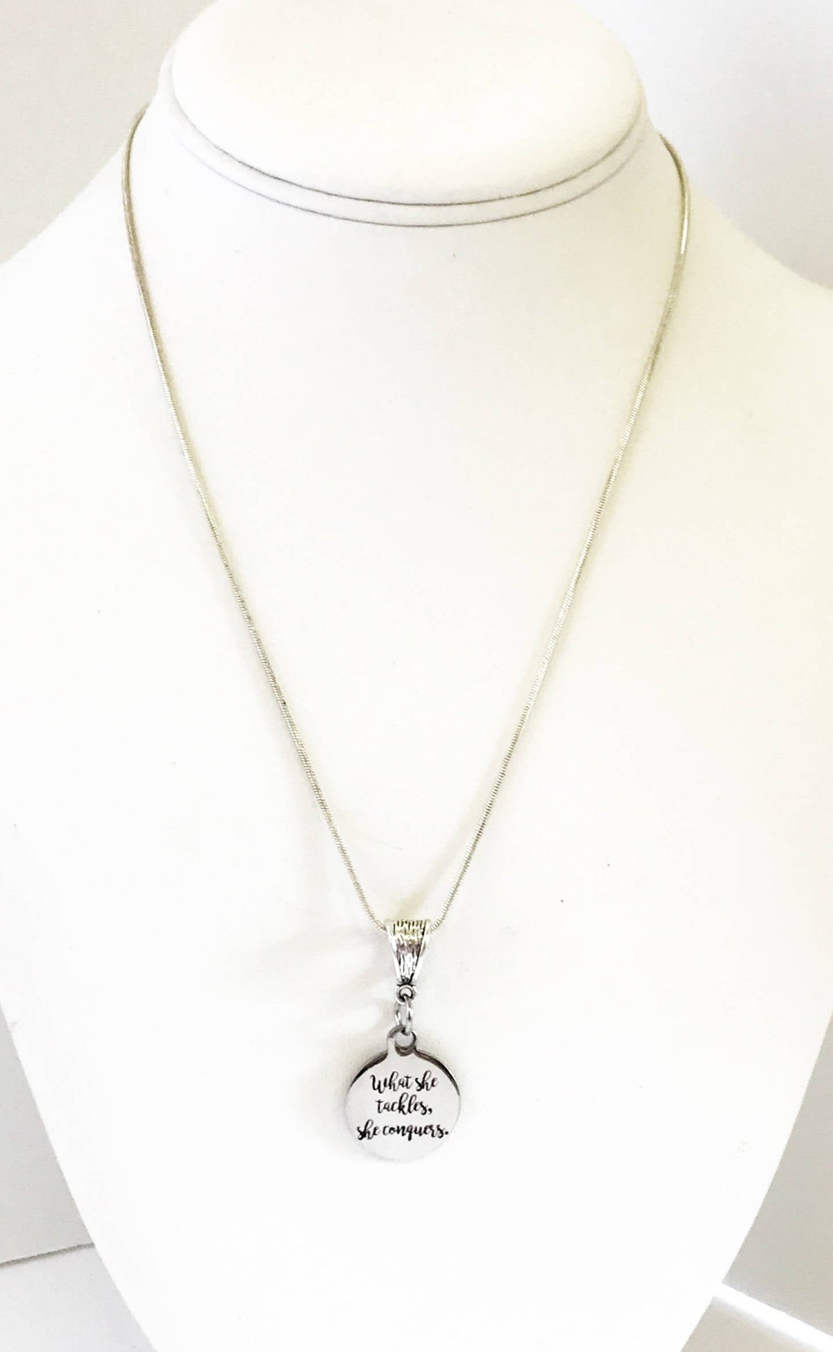 What She Tackles She Conquers Pendant Silver Necklace, Achievement Award Necklace, DS Team Gifts, Motivational Direct Sales Gift For Her