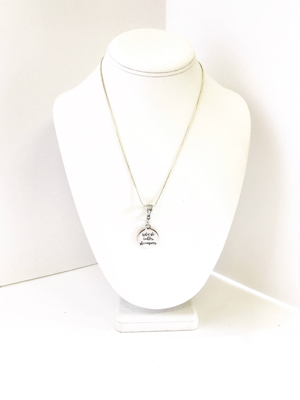 What She Tackles She Conquers Pendant Silver Necklace, Achievement Award Necklace, DS Team Gifts, Motivational Direct Sales Gift For Her